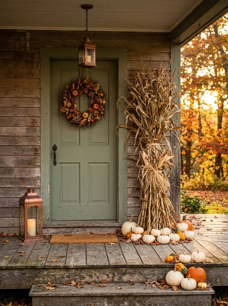  Dried cornstalks adding rustic fall character beside a porch door