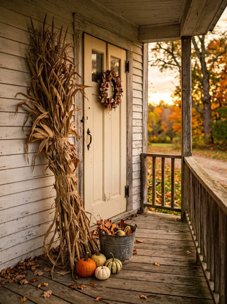 Small dried cornstalk bundle beside a compact farmhouse porch entrance.