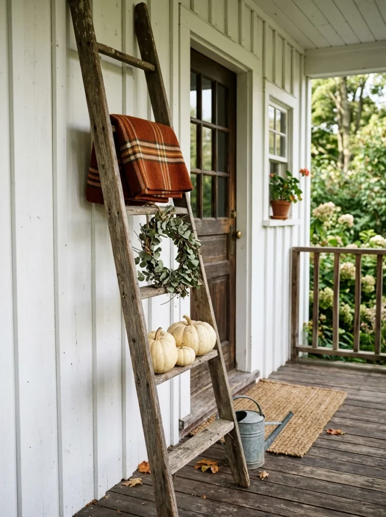Old wooden ladder used as a vertical farmhouse fall porch display.