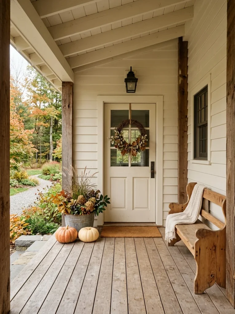 Balanced farmhouse porch with simple autumn decorations and a clear entry path.