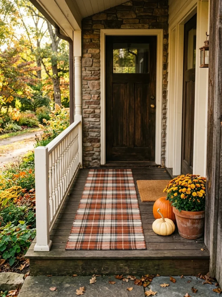 A plaid runner adds cozy texture to rustic fall porch decor on a narrow entry.