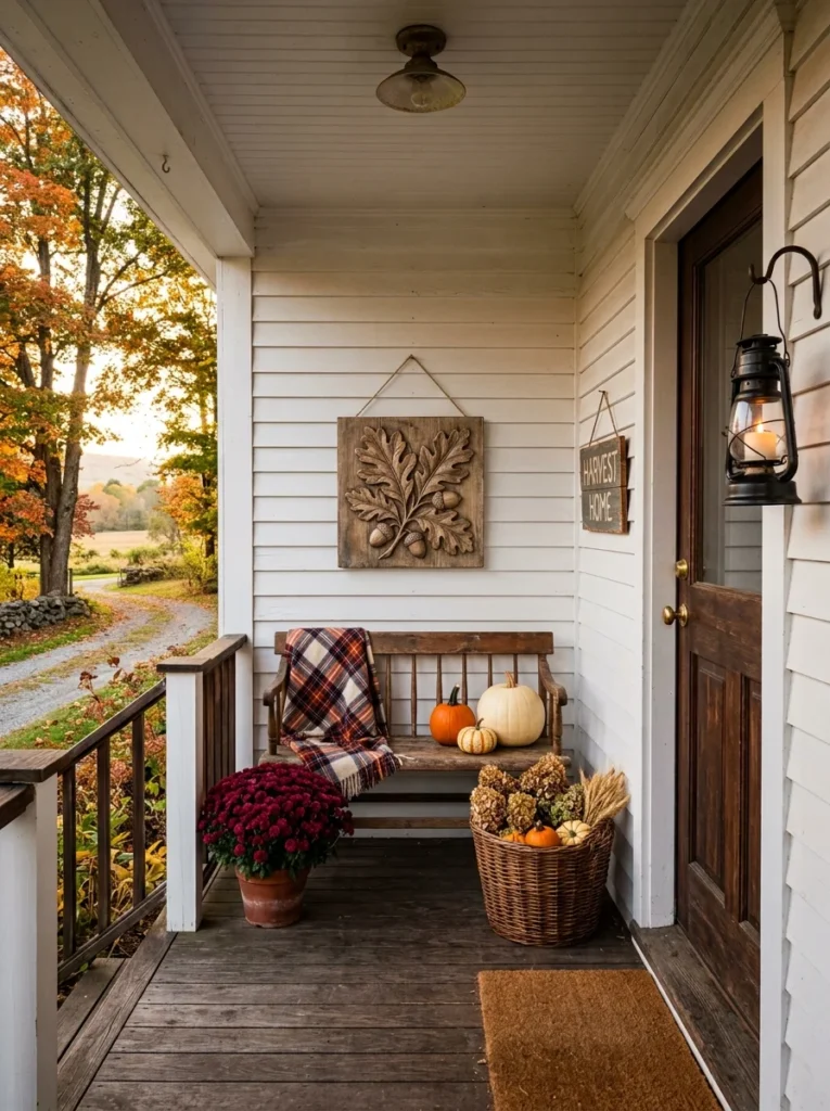 A compact porch combines pumpkins, mums, plaid, wood, and lanterns for rustic fall porch decor.
