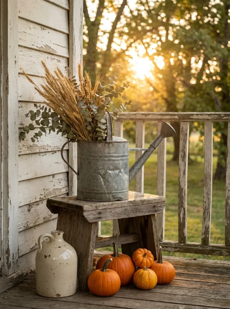 Vintage watering can styled with dried wheat for fall porch decor
