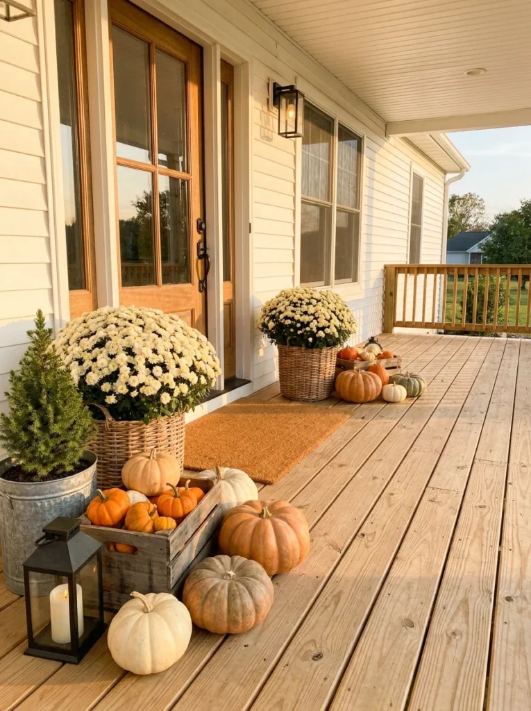 A classic farmhouse porch combines mums, pumpkins, crates, and lanterns for autumn.