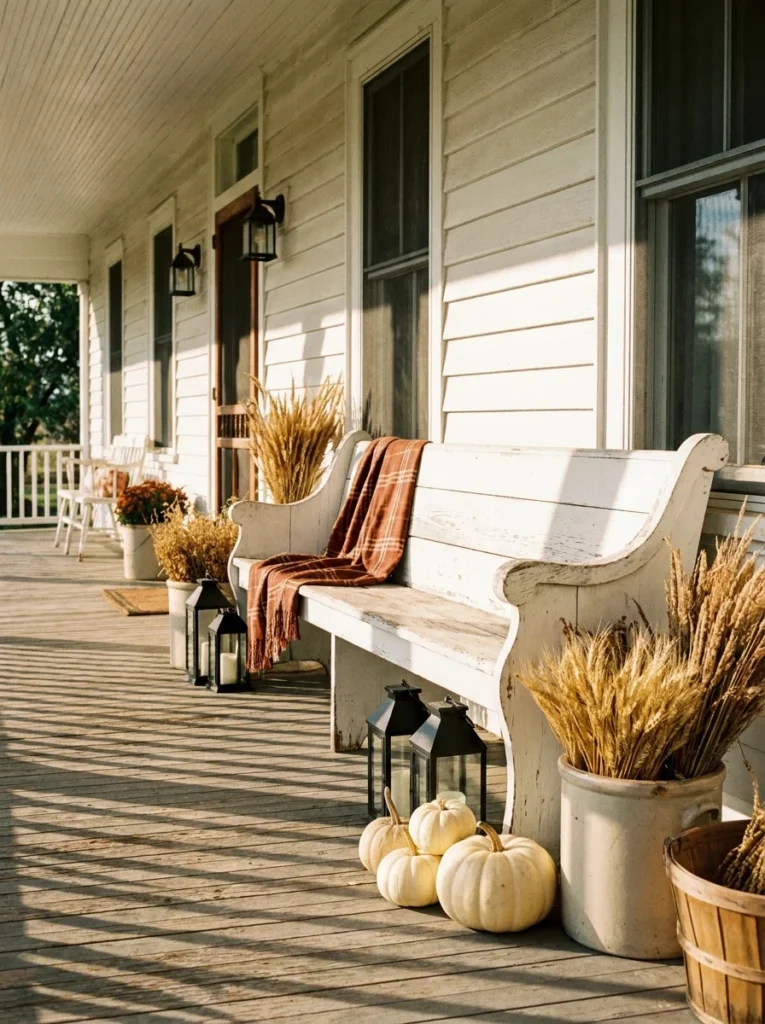 Black lanterns arranged beneath a farmhouse porch bench