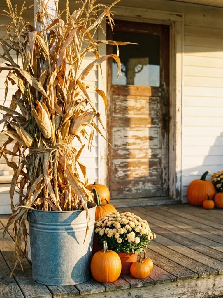 Dried corn stalks and pumpkins creating a farmhouse fall porch display