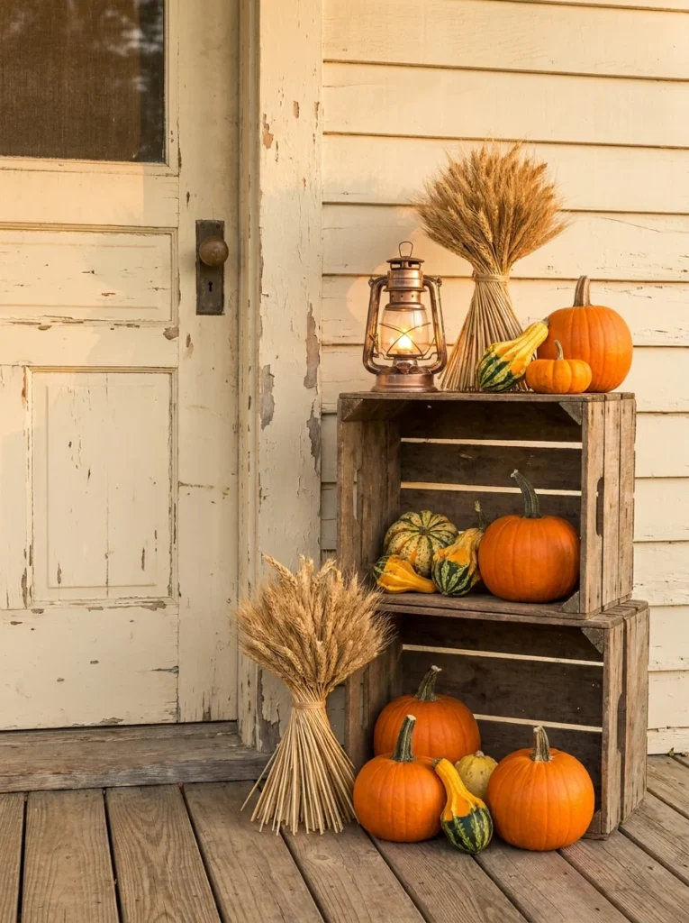 Layered wooden crates with pumpkins and wheat for farmhouse fall decor