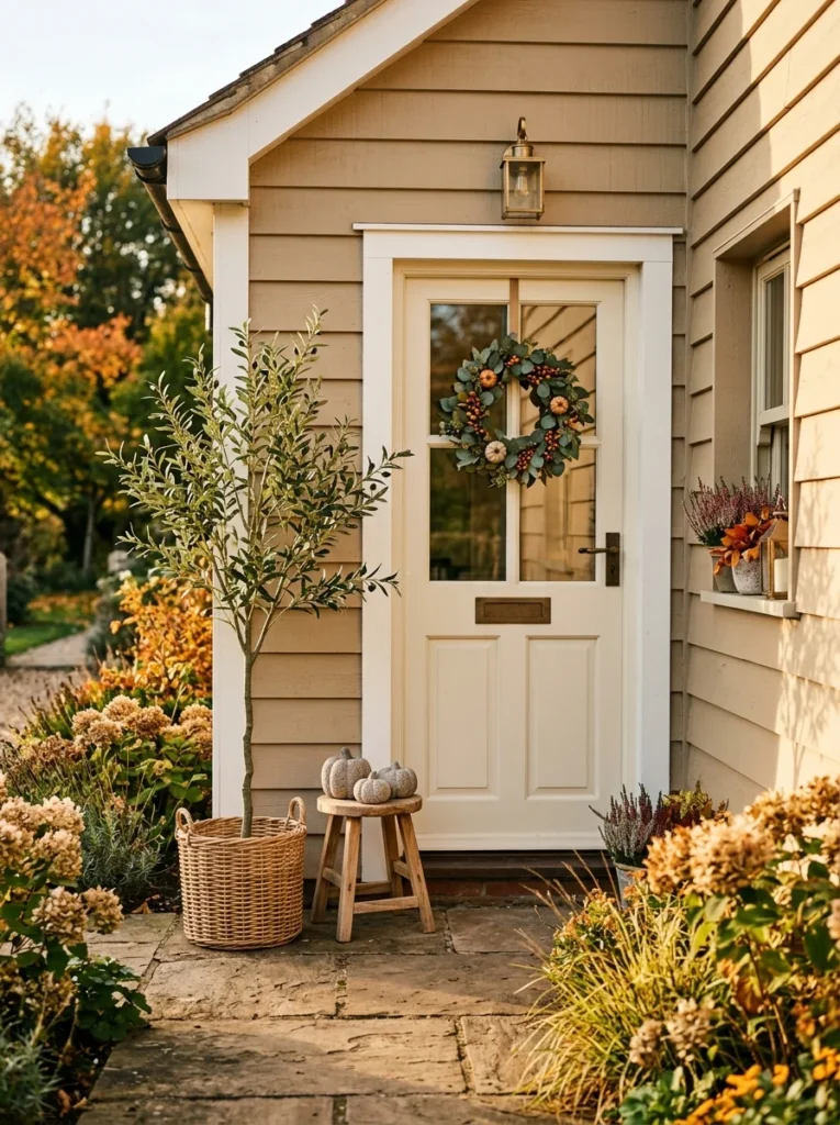A faux olive tree in a woven basket brings muted greenery to neutral fall porch decor.