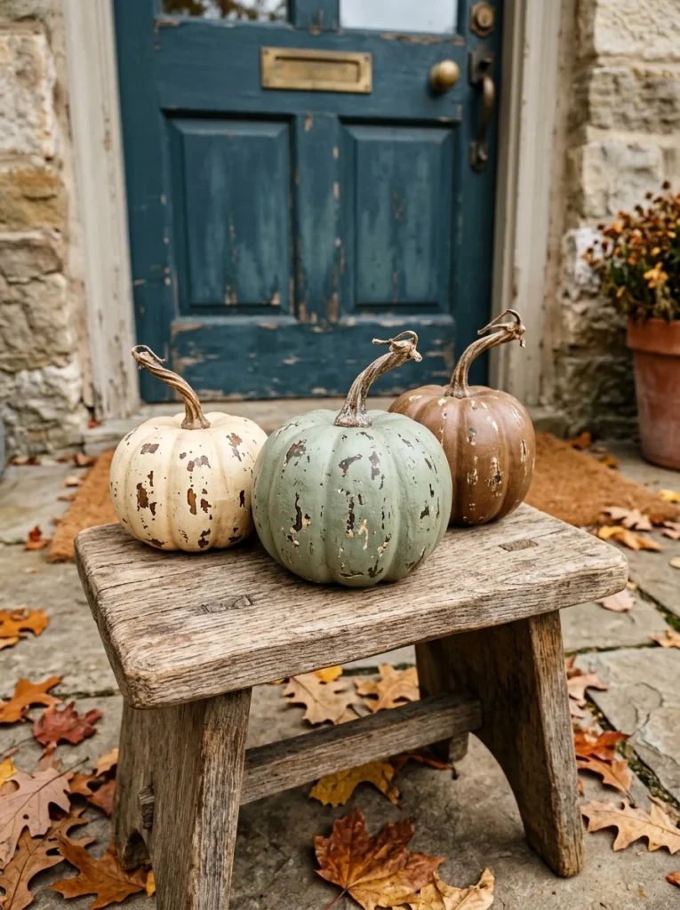 Distressed painted pumpkins add handmade character to rustic fall porch decor.