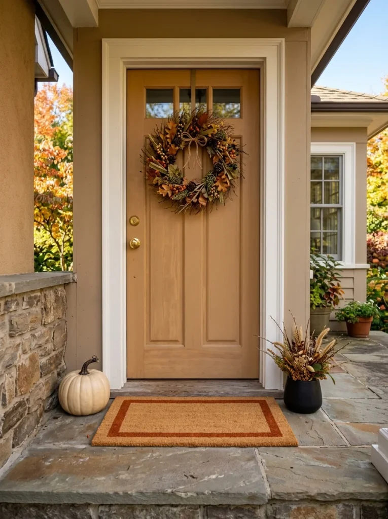 A neutral coir mat with rust accents keeps fall porch decor simple and practical