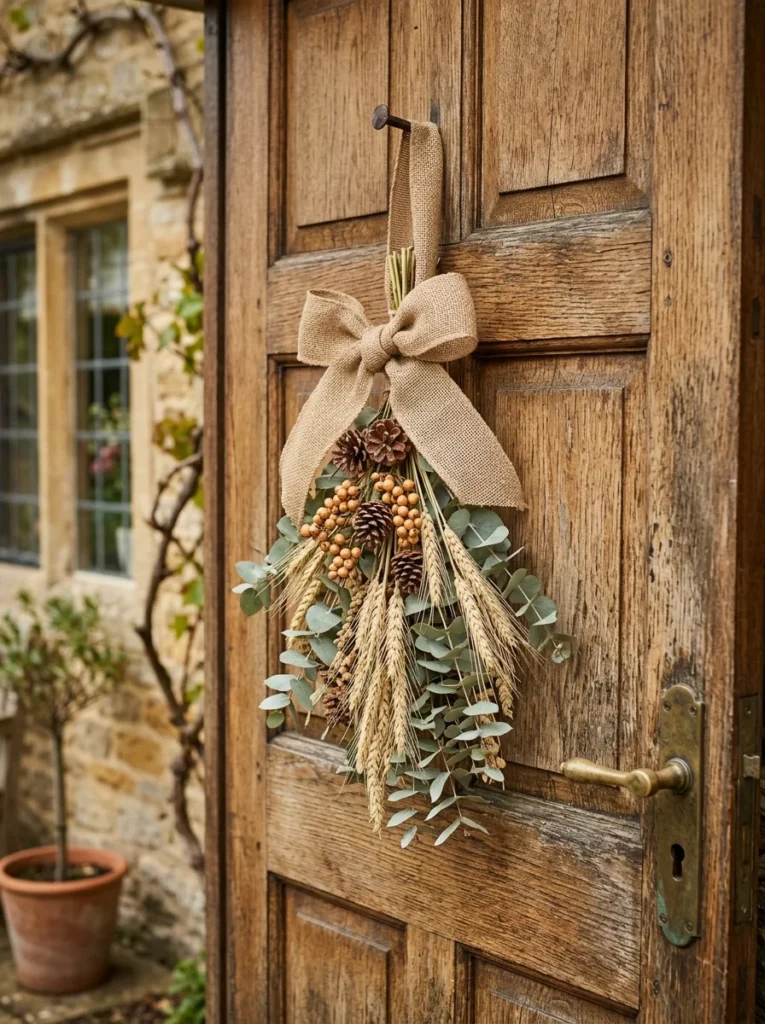 A burlap fall door swag adds natural texture to a rustic autumn entryway.