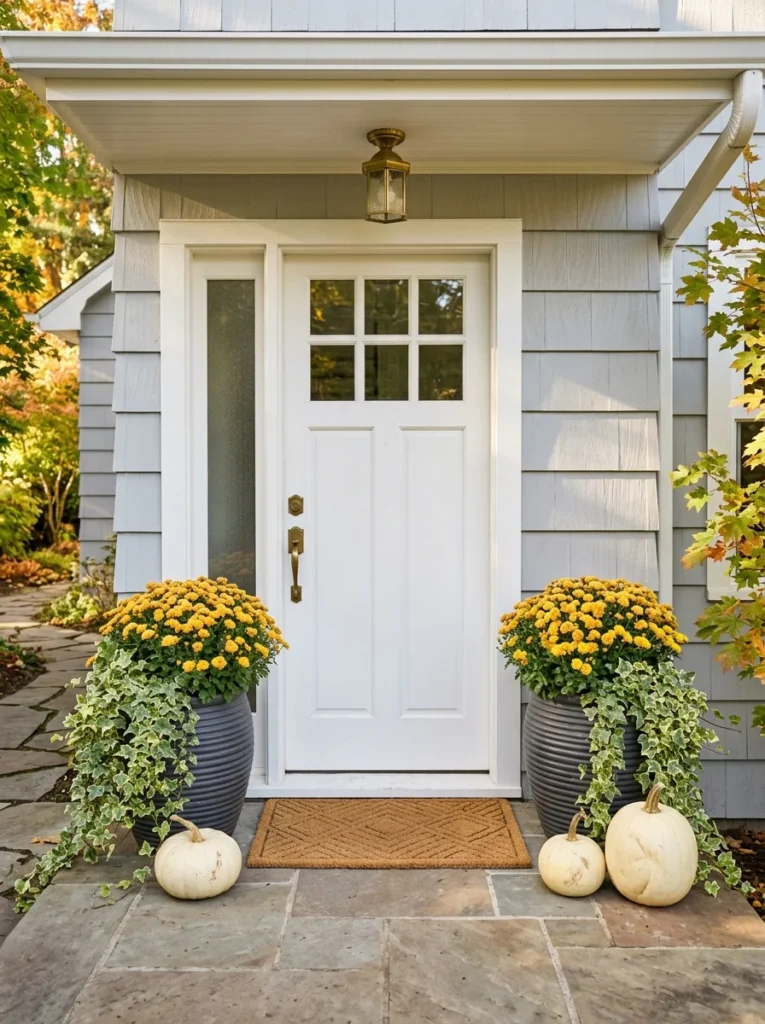 Matching planters with golden mums frame a front door with cozy autumn color.