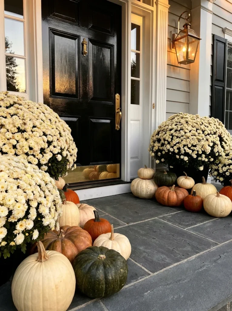 Cream mums and pumpkins stand out beautifully against a black front door.