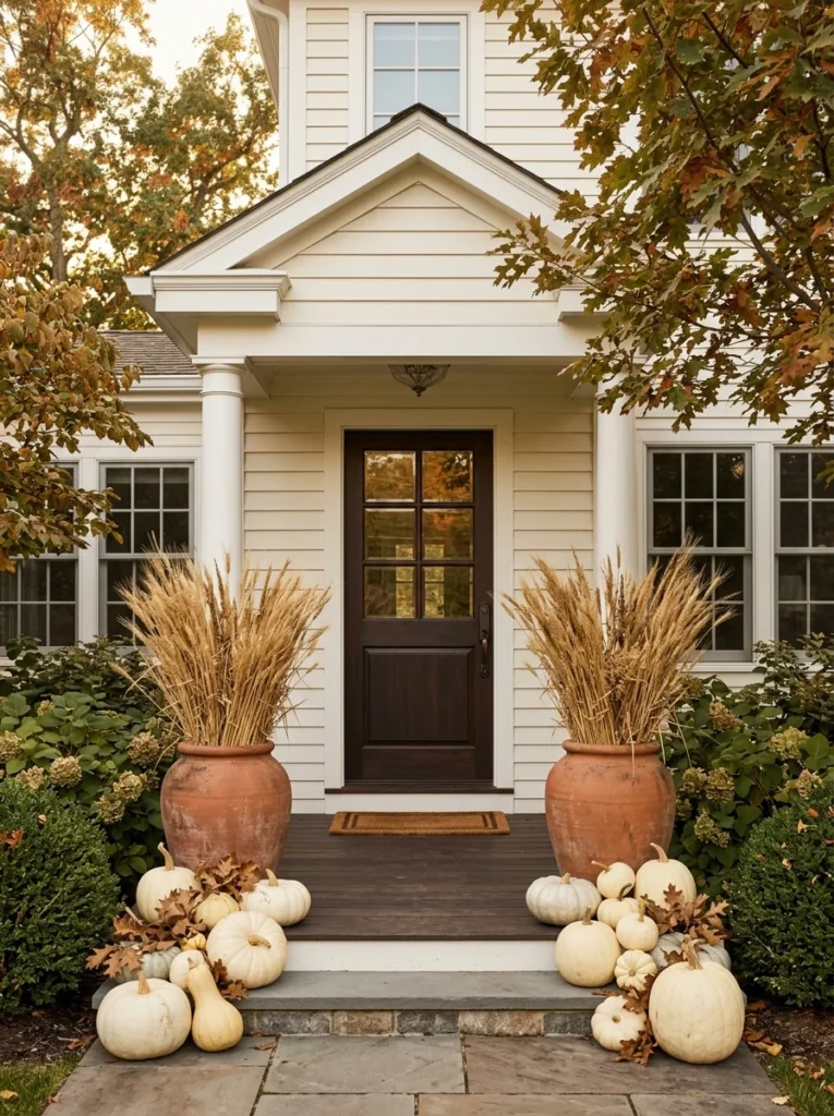 Dried wheat in tall planters frames a neutral autumn front entry.