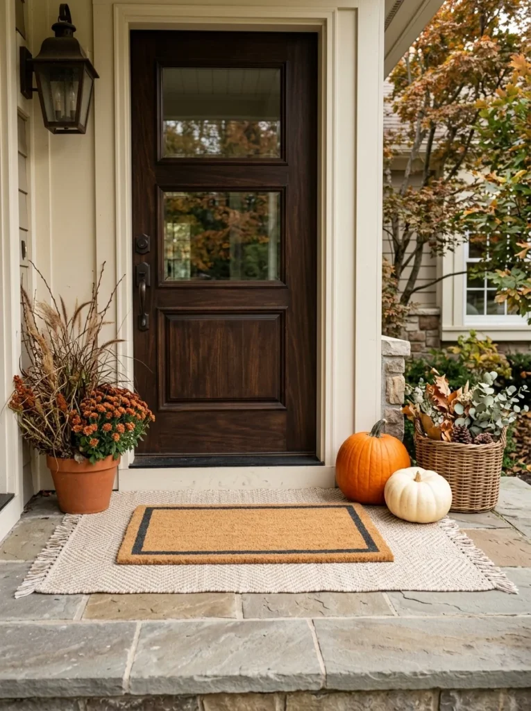 Layered neutral rugs give a small entry a cozy rustic fall porch decor foundation.