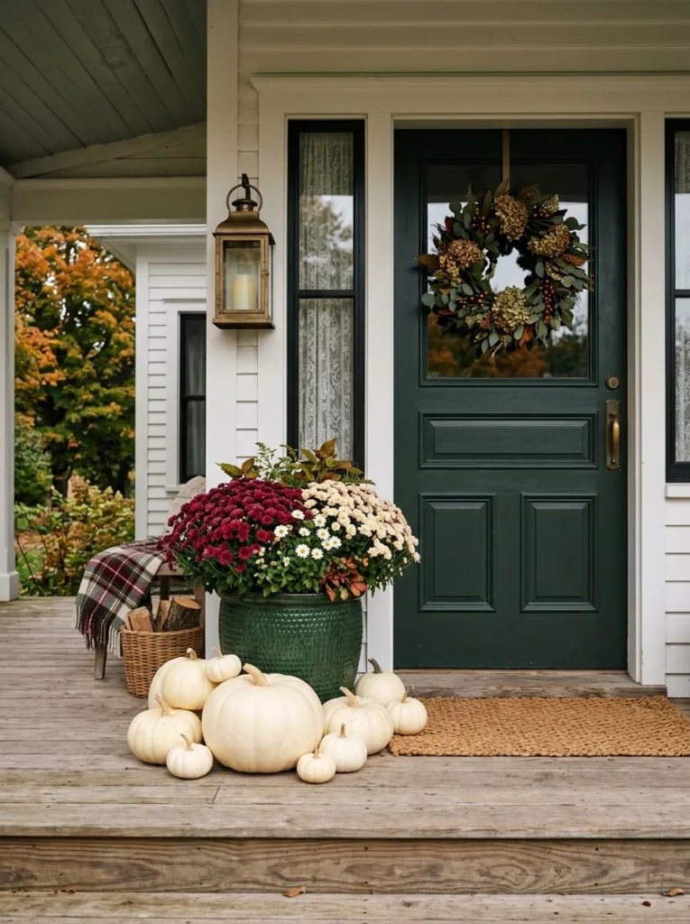  Ivory pumpkins and deep green mums create a calm rustic fall porch color scheme.
