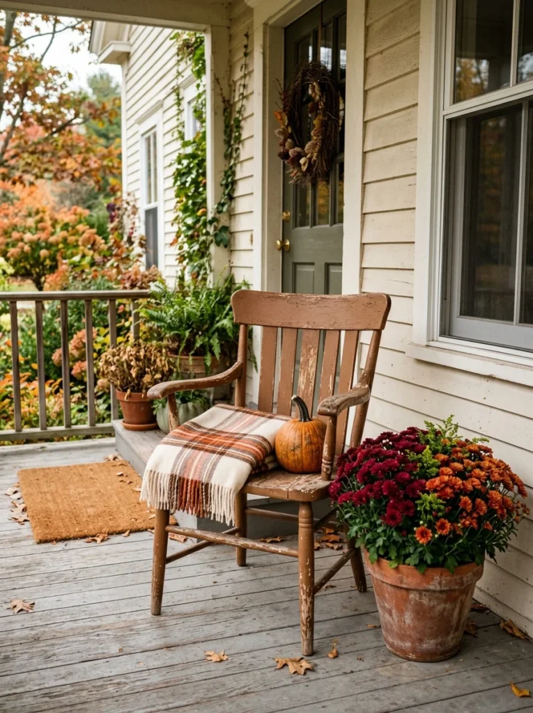 A weathered wooden chair adds simple country character to rustic fall porch decor.