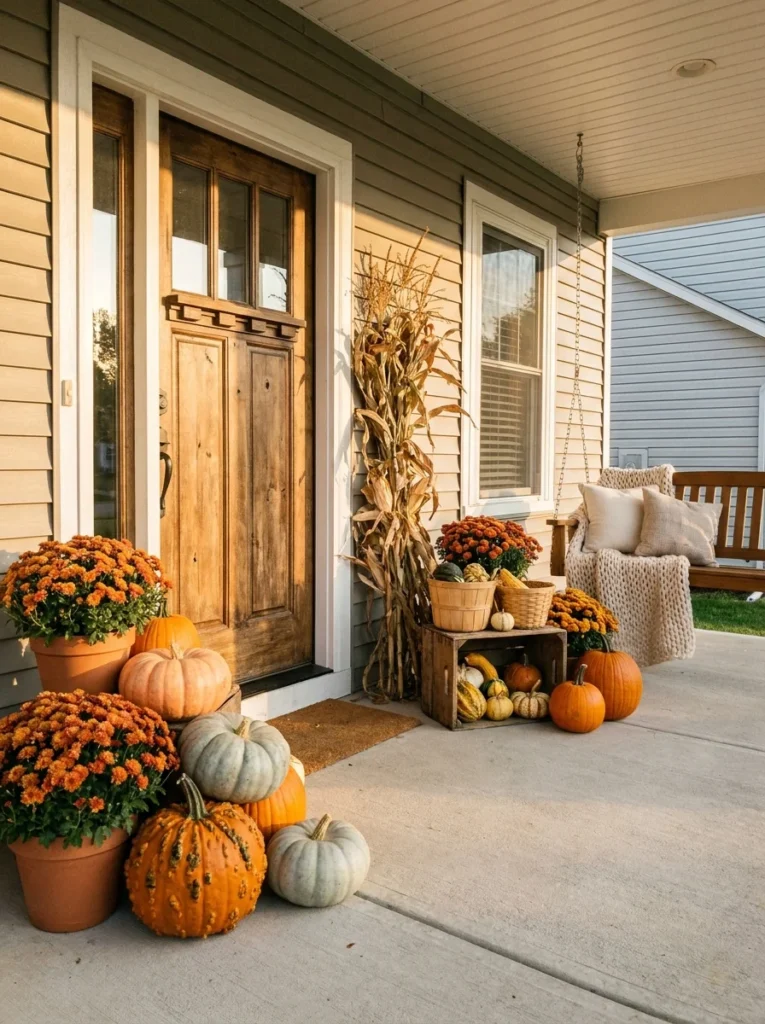 Fall harvest porch decor with pumpkins, mums, corn stalks, and rustic autumn accents