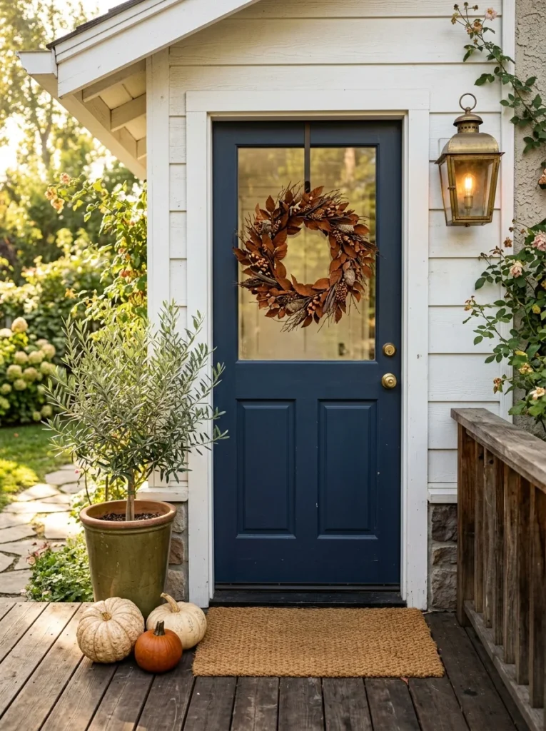 Cozy small fall porch decor with pumpkins, wreath, planter, and lantern.