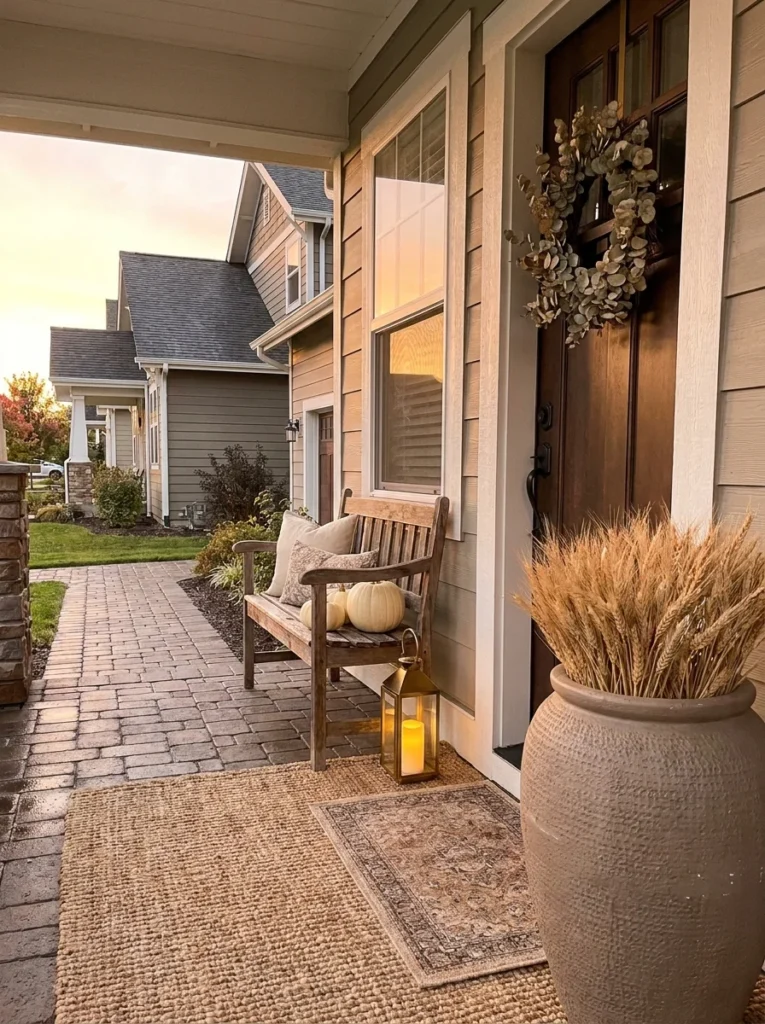 Elegant neutral fall porch decor creates a warm and polished autumn entry with simple layers.