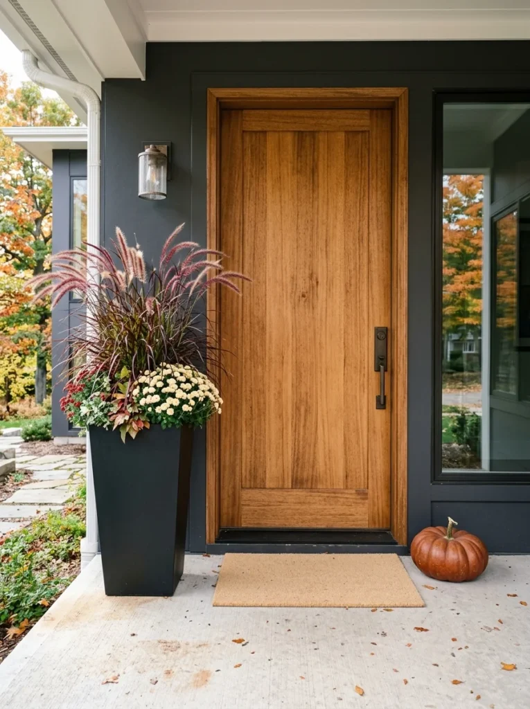 A tall black planter adds modern curb appeal to autumn front porch styling