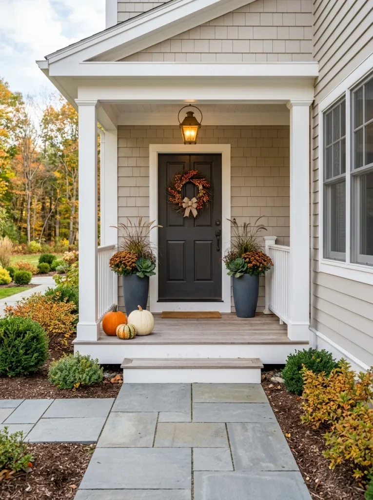 Well-arranged small porch with a clear walkway and balanced autumn decorations.