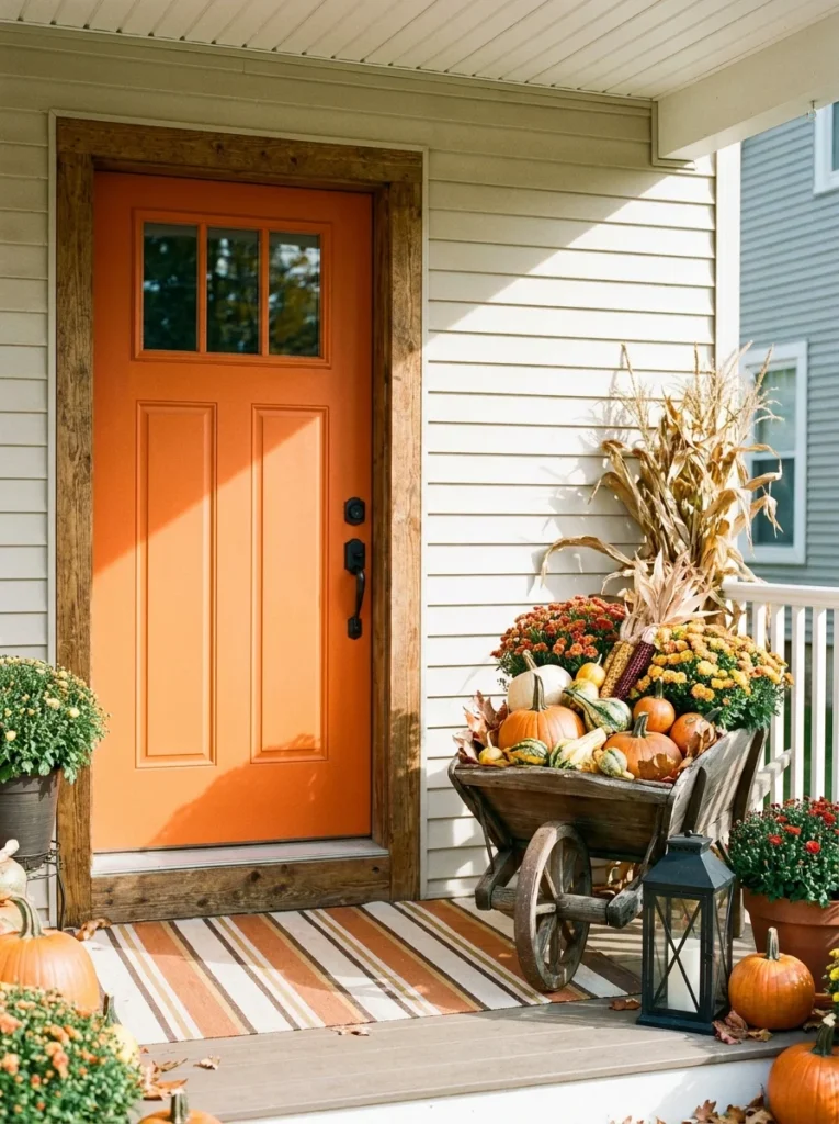 Wheelbarrow filled with pumpkins and mums for fall harvest porch decor