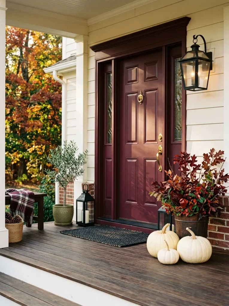 Burgundy and cream create a sophisticated palette for front porch fall decor ideas