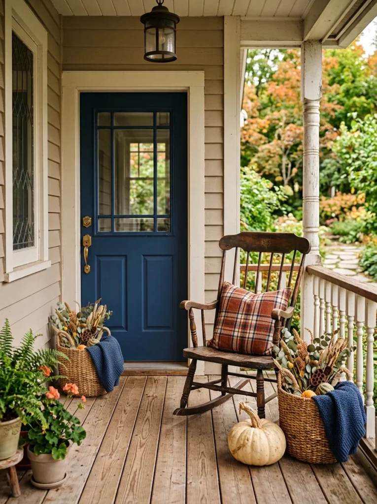 Thrifted chair styled with pumpkins and plaid for budget fall porch decor.