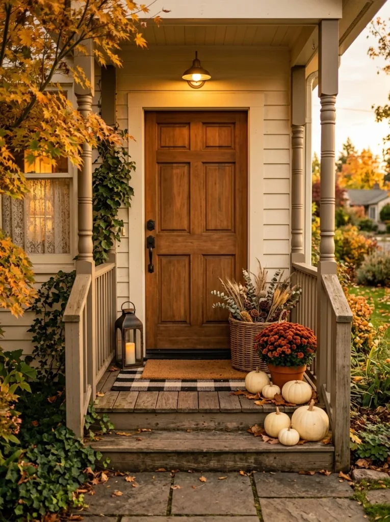 Cozy fall porch decor creates a warm and welcoming front entrance