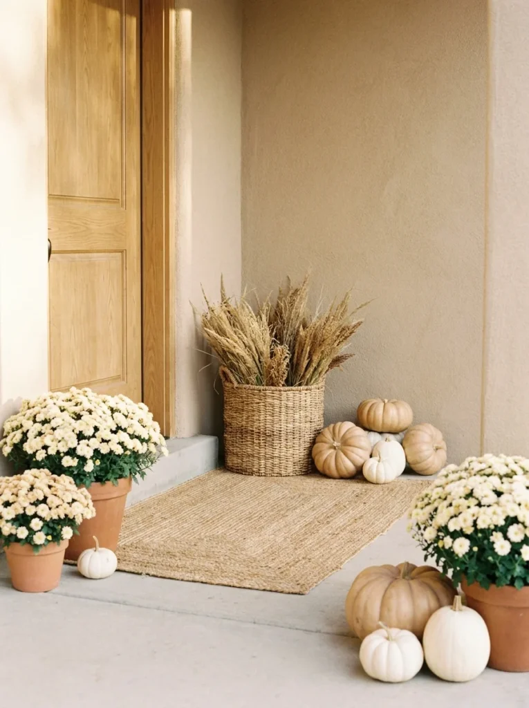 Cream mums and neutral pumpkins create a calm aesthetic fall porch.