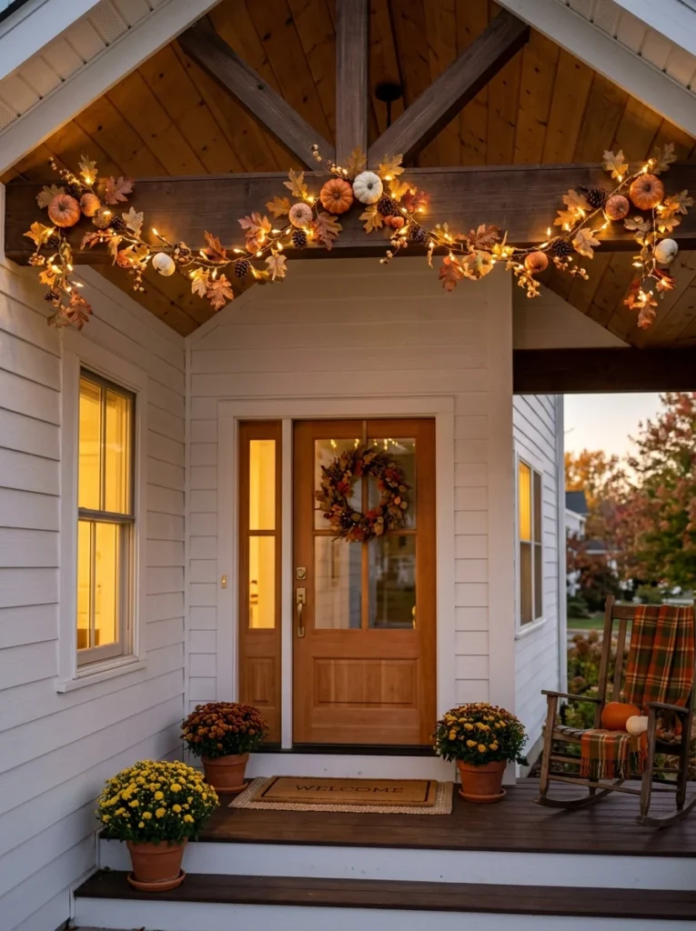Hanging pumpkin garland decorating a covered front porch for fall.