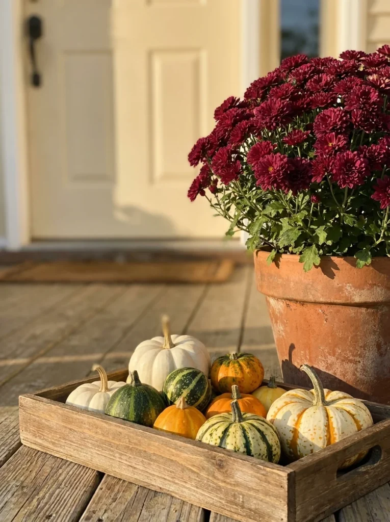 Mini gourds and mums arranged in a wooden tray for autumn porch decor