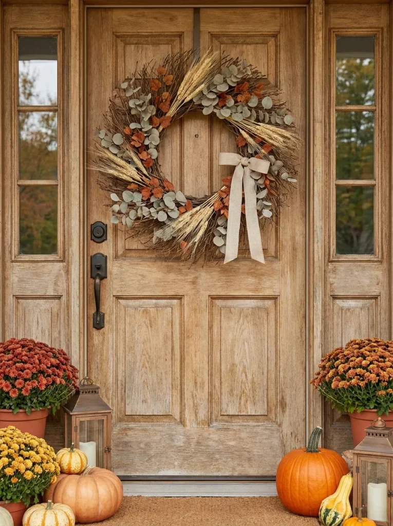Close-up of a grapevine fall wreath with wheat and eucalyptus on a front door.
