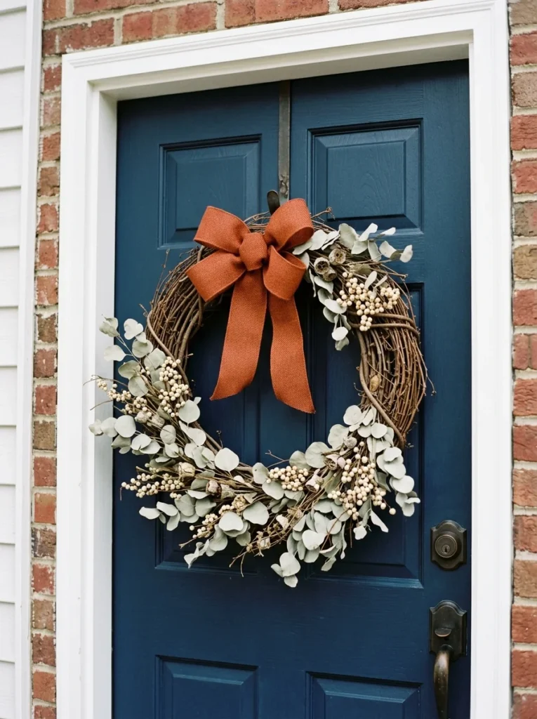  A plain grapevine wreath updated with rust ribbon for inexpensive fall door decor.