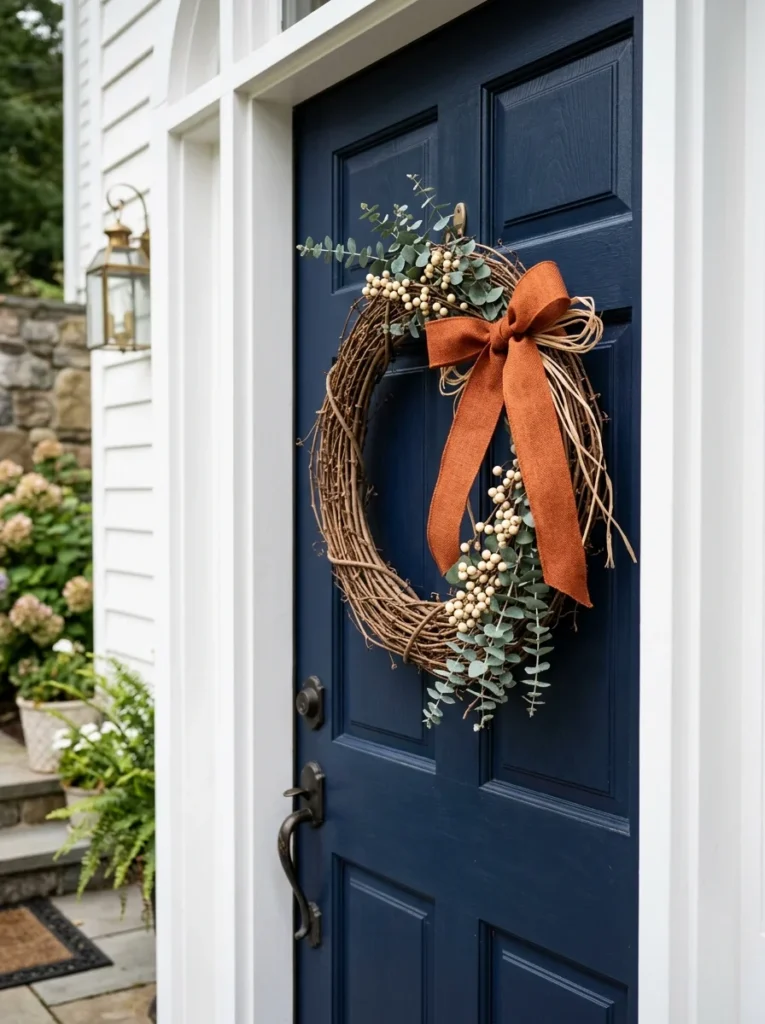 A ribbon-updated wreath adds simple autumn character to a front door.