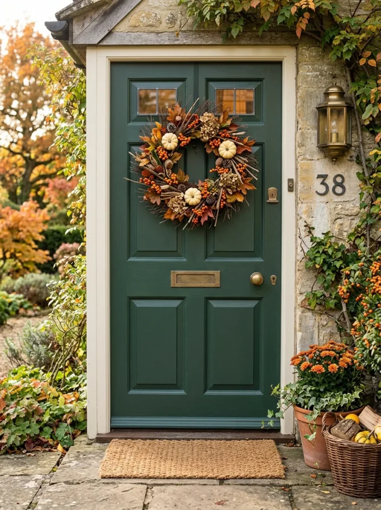 Small pumpkin wreath decorating a green front door in autumn.