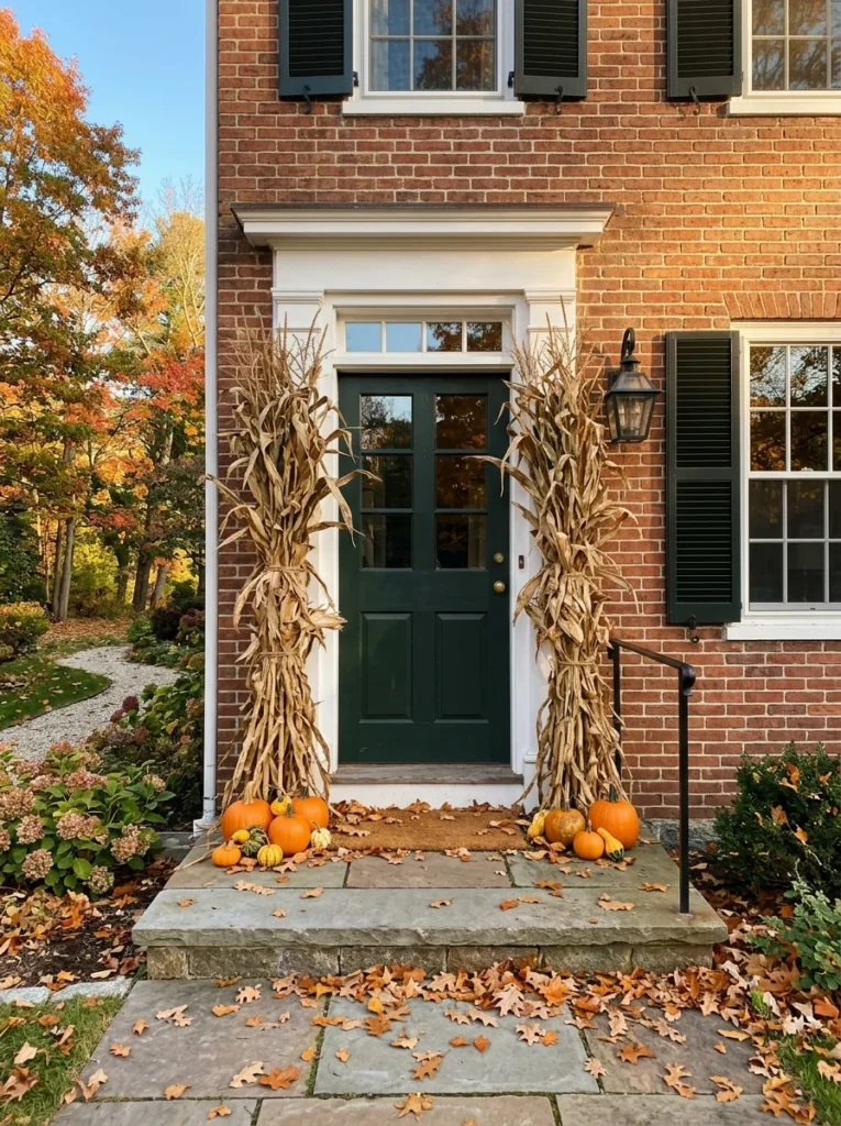Dried corn stalks frame a dark green door for rustic fall porch decor