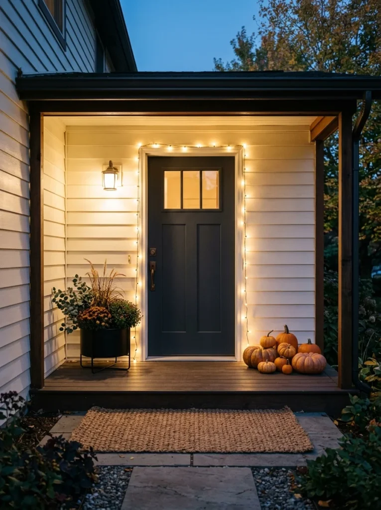 Warm string lights frame a front door for cozy autumn porch styling