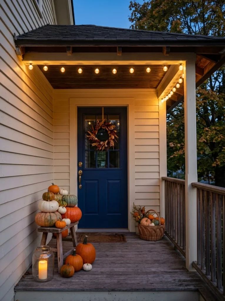 Warm string lights create a cozy glow on a small autumn porch.