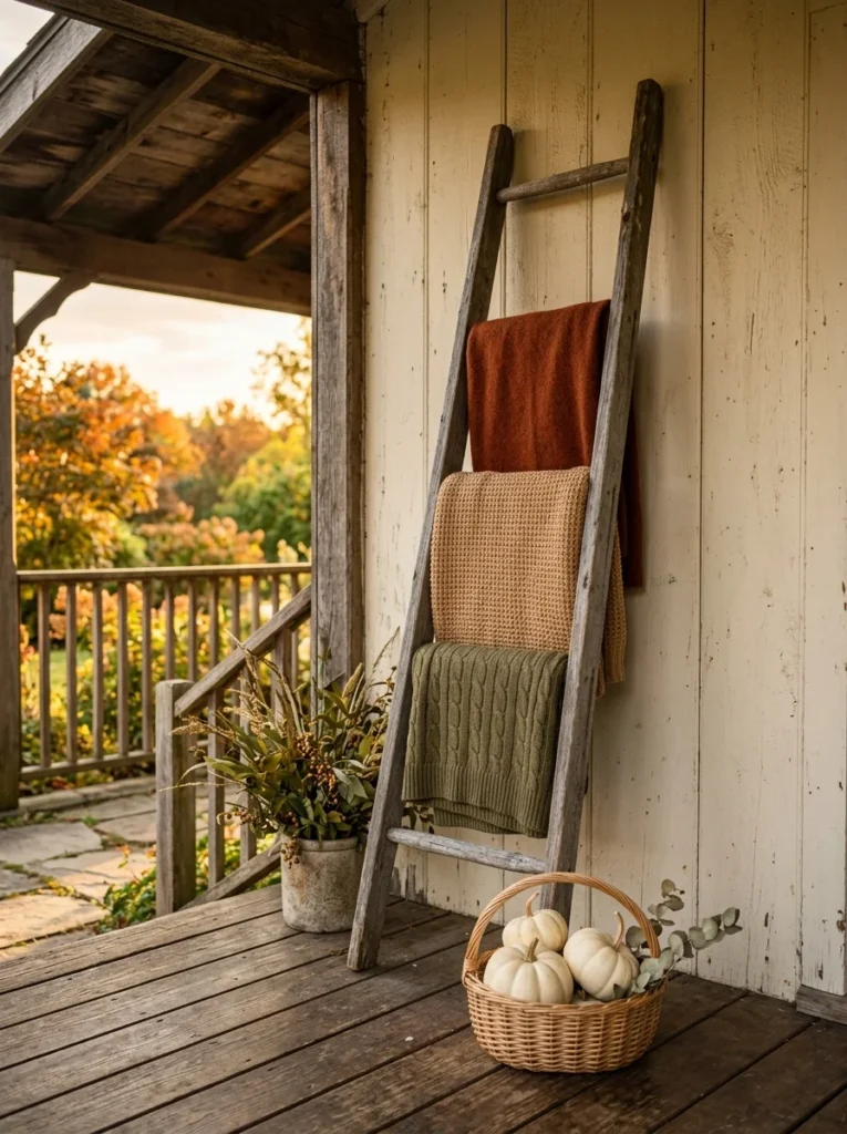 Rustic ladder holding fall blankets on a covered porch