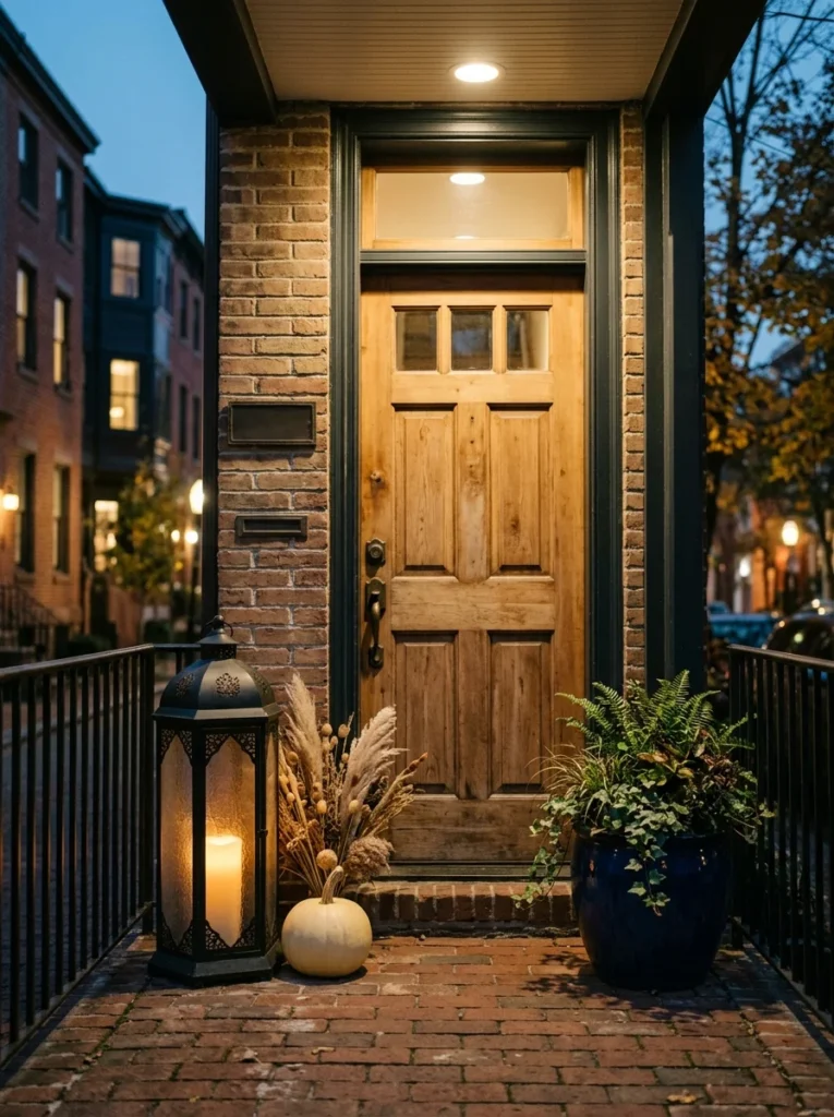 A tall lantern with a warm candle adds evening charm to fall porch decor]