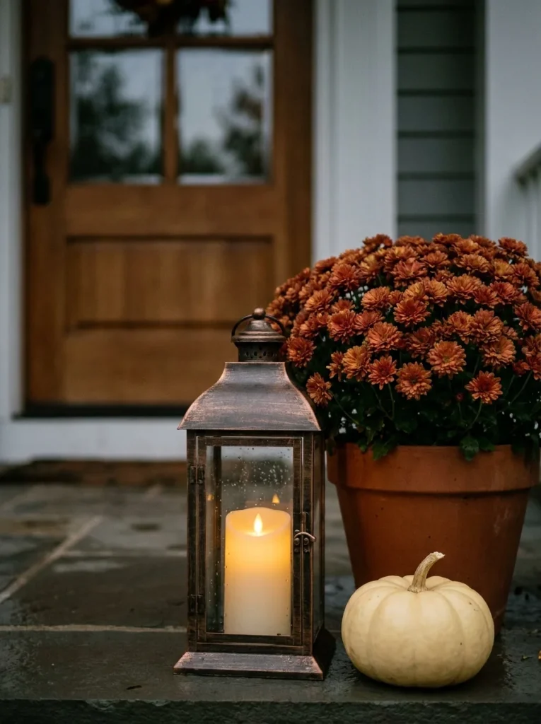Warm LED candle glowing inside a bronze fall porch lantern