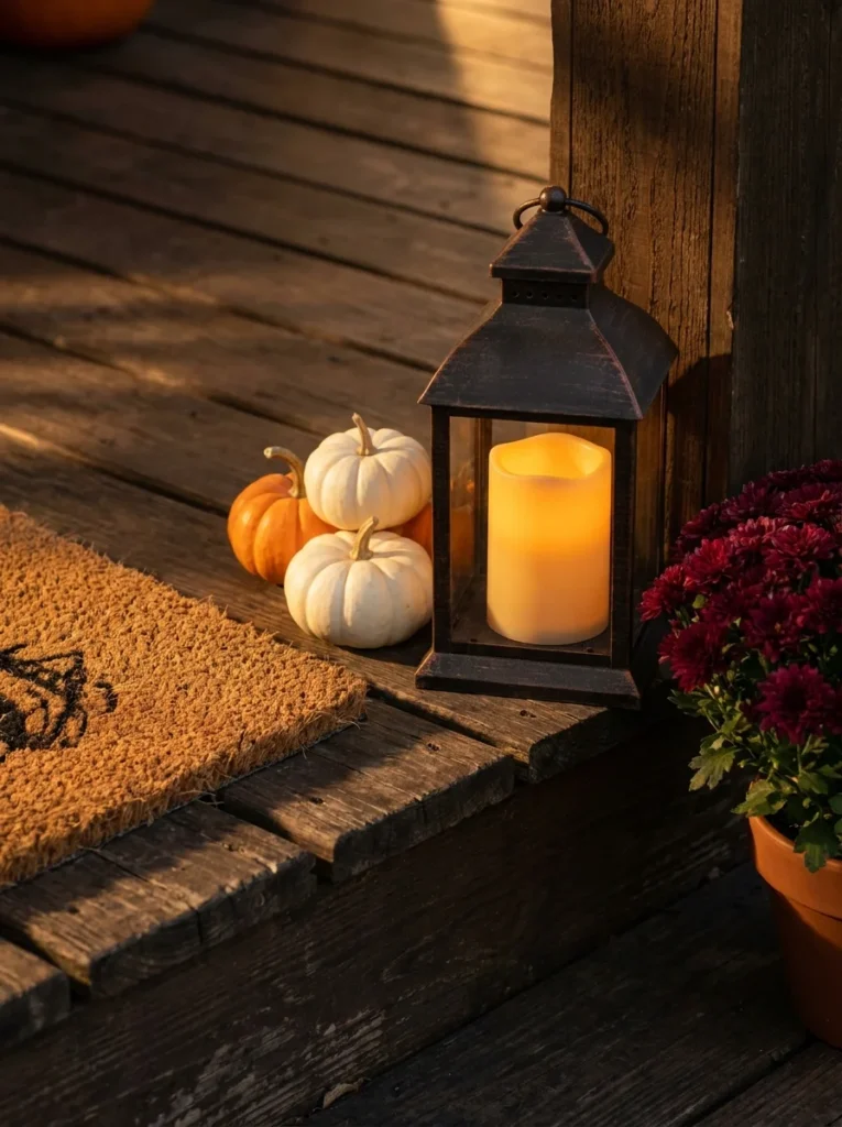 Warm LED lantern beside pumpkins on a decorated autumn porch.