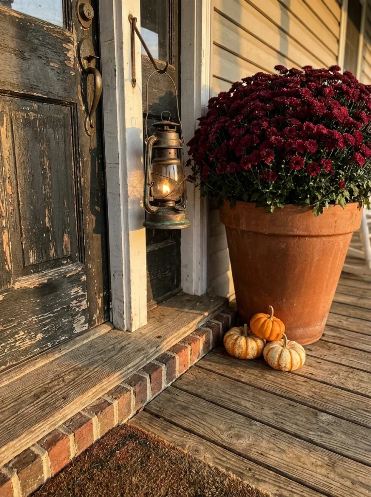 Bronze lantern with burgundy mums and pumpkins on a farmhouse porch