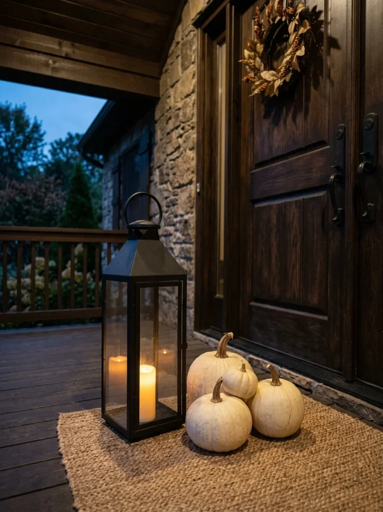 An oversized lantern adds warm evening light to a neutral fall porch.