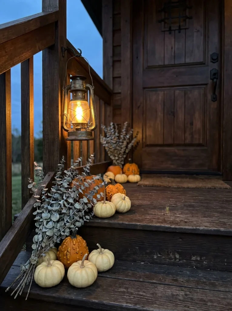 Antique brass lantern with pumpkins and gourds on a cottage porch