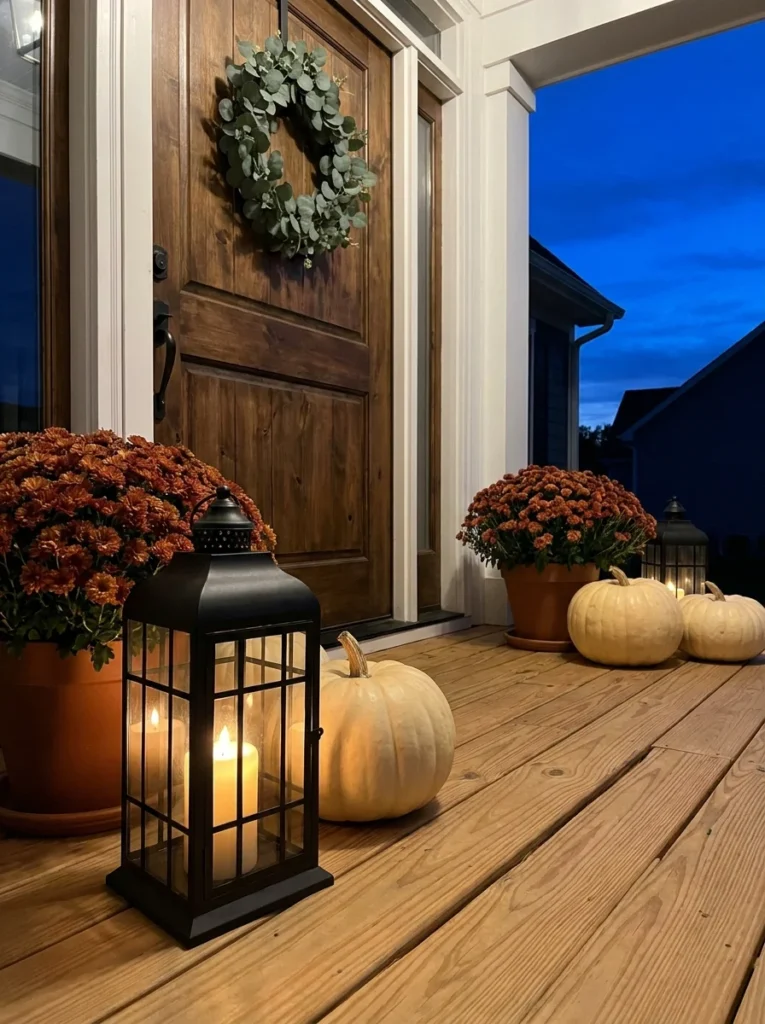 Warm fall porch lantern display with pumpkins and rust-colored mums