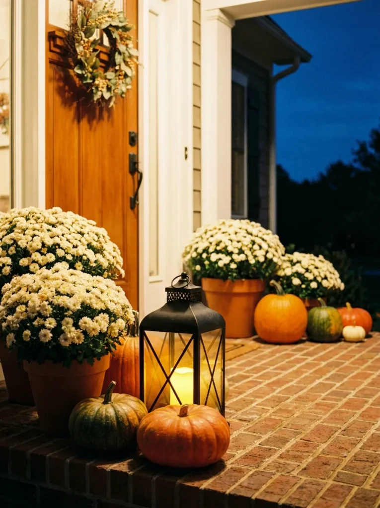 A glowing lantern adds evening warmth to fall porch mums and pumpkins.