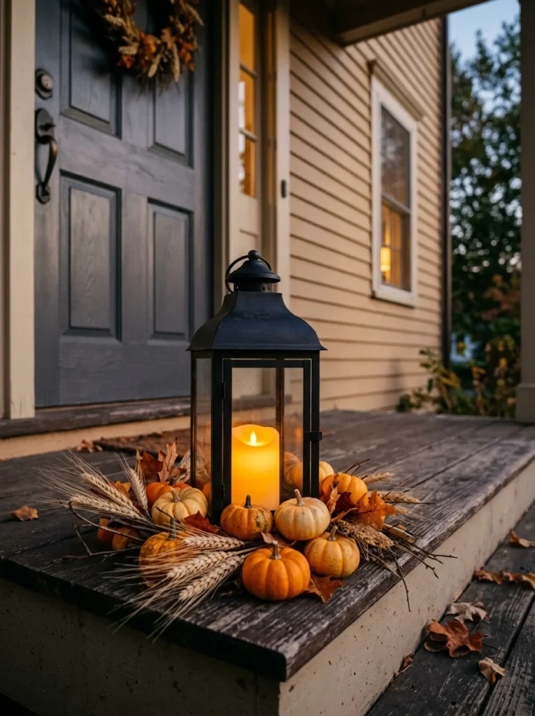 A black lantern and amber LED candle add warm autumn atmosphere to a porch.